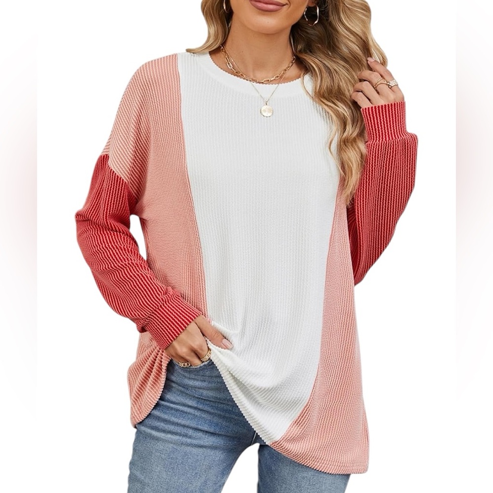 Amazon | Colorblock White, Red and Pink Long Sleeve Thin Sweater or Shirt